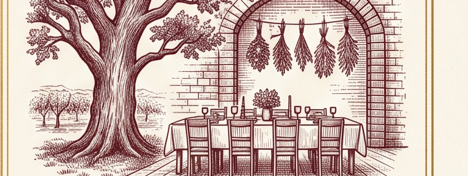Oak tree and brick archway with long table